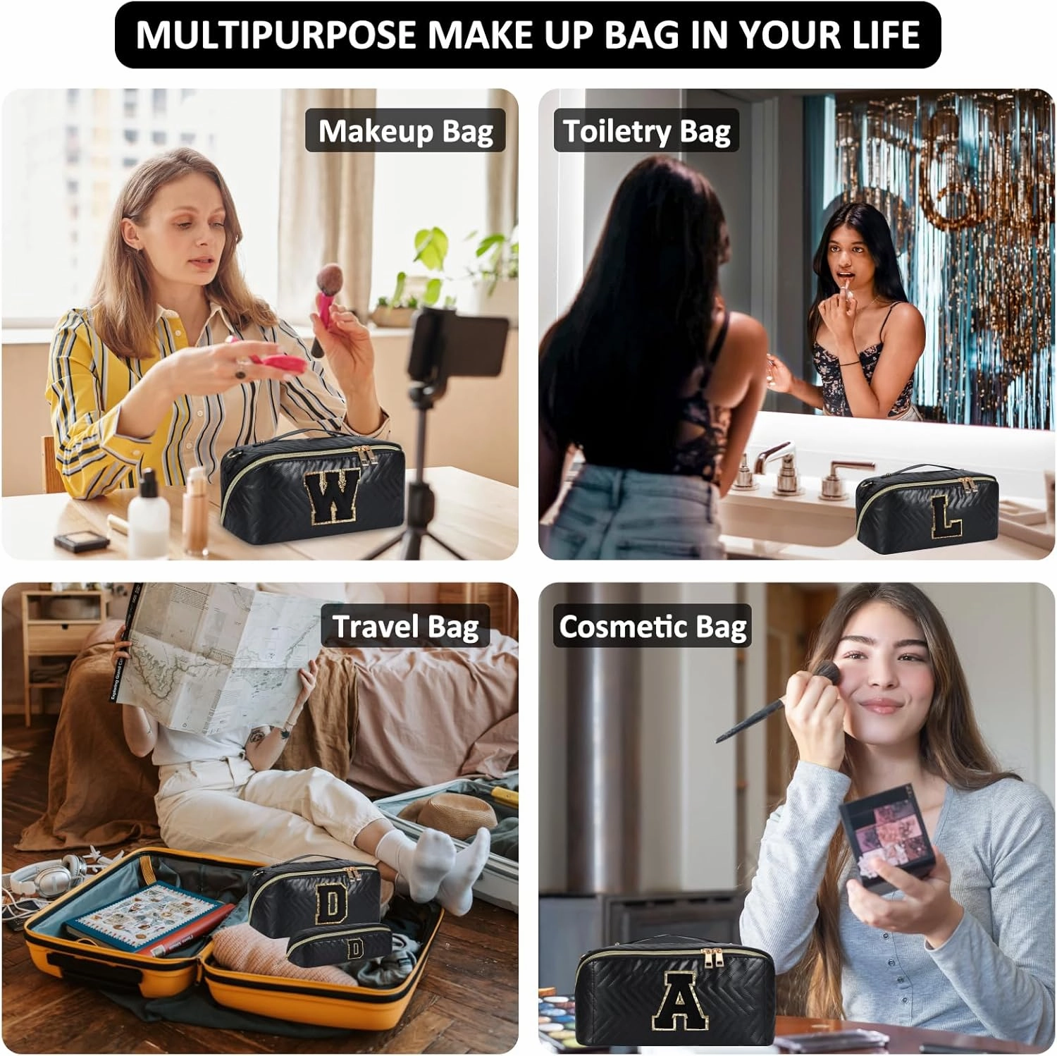 2Pcs Initial Makeup Bags for Women - Waterproof PU Leather Cosmetic Organizer, Large Capacity Open Flat Travel Set with Dividers & Handle, Personalized Birthday & festival Gift (Black, E)