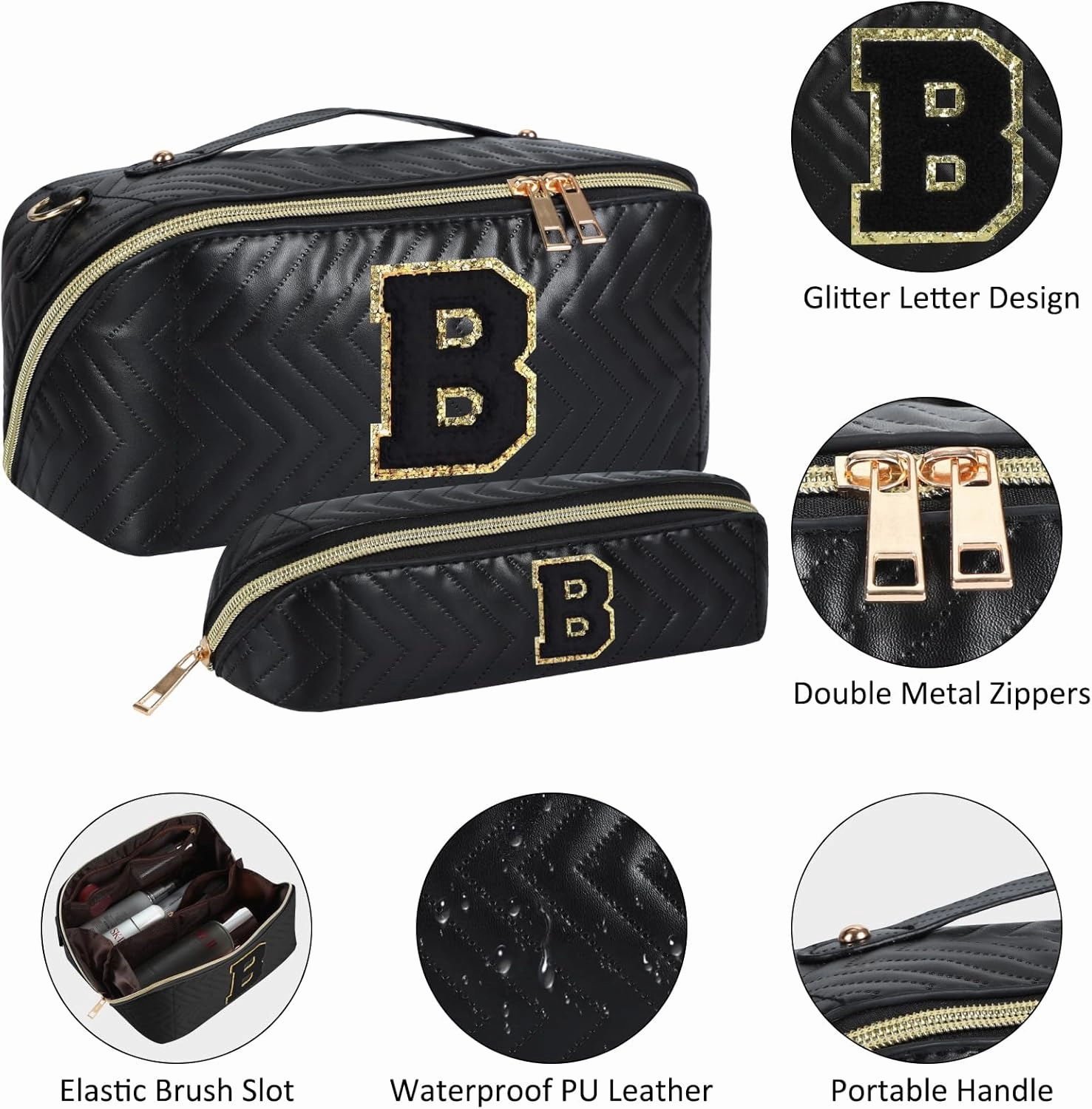 2Pcs Initial Makeup Bags for Women - Waterproof PU Leather Cosmetic Organizer, Large Capacity Open Flat Travel Set with Dividers & Handle, Personalized Birthday & festival Gift (Black, E)