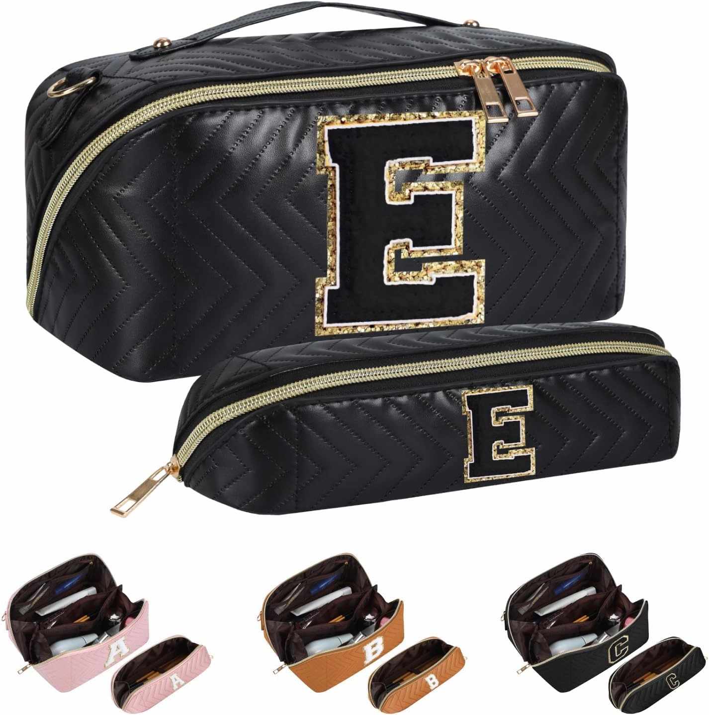 2Pcs Initial Makeup Bags for Women - Waterproof PU Leather Cosmetic Organizer, Large Capacity Open Flat Travel Set with Dividers & Handle, Personalized Birthday & festival Gift (Black, E)