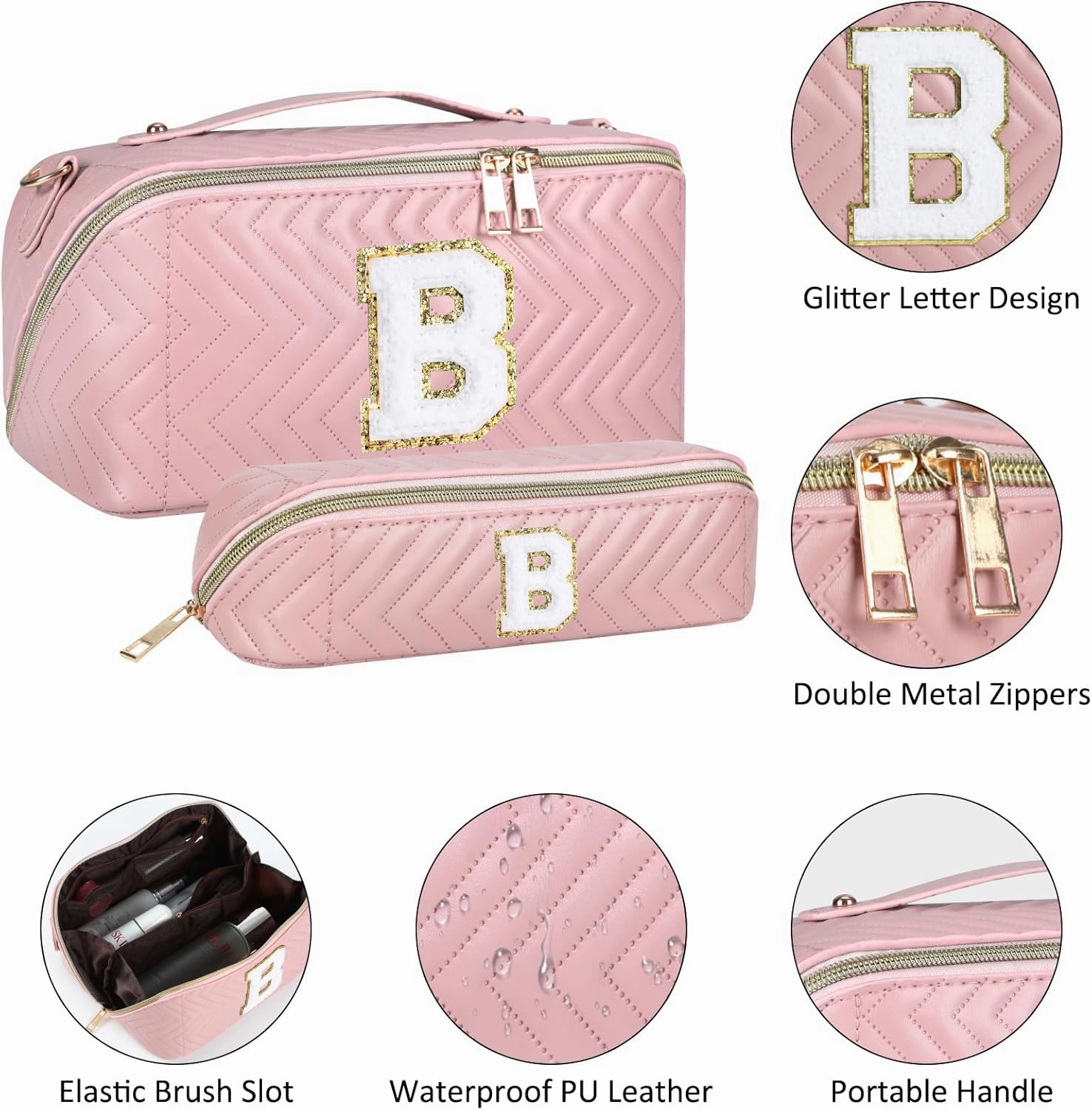 2Pcs Initial Makeup Bags for Women - Waterproof PU Leather Cosmetic Organizer, Large Capacity Open Flat Travel Set with Dividers & Handle, Personalized Birthday & festival Gift (Pink, B)
