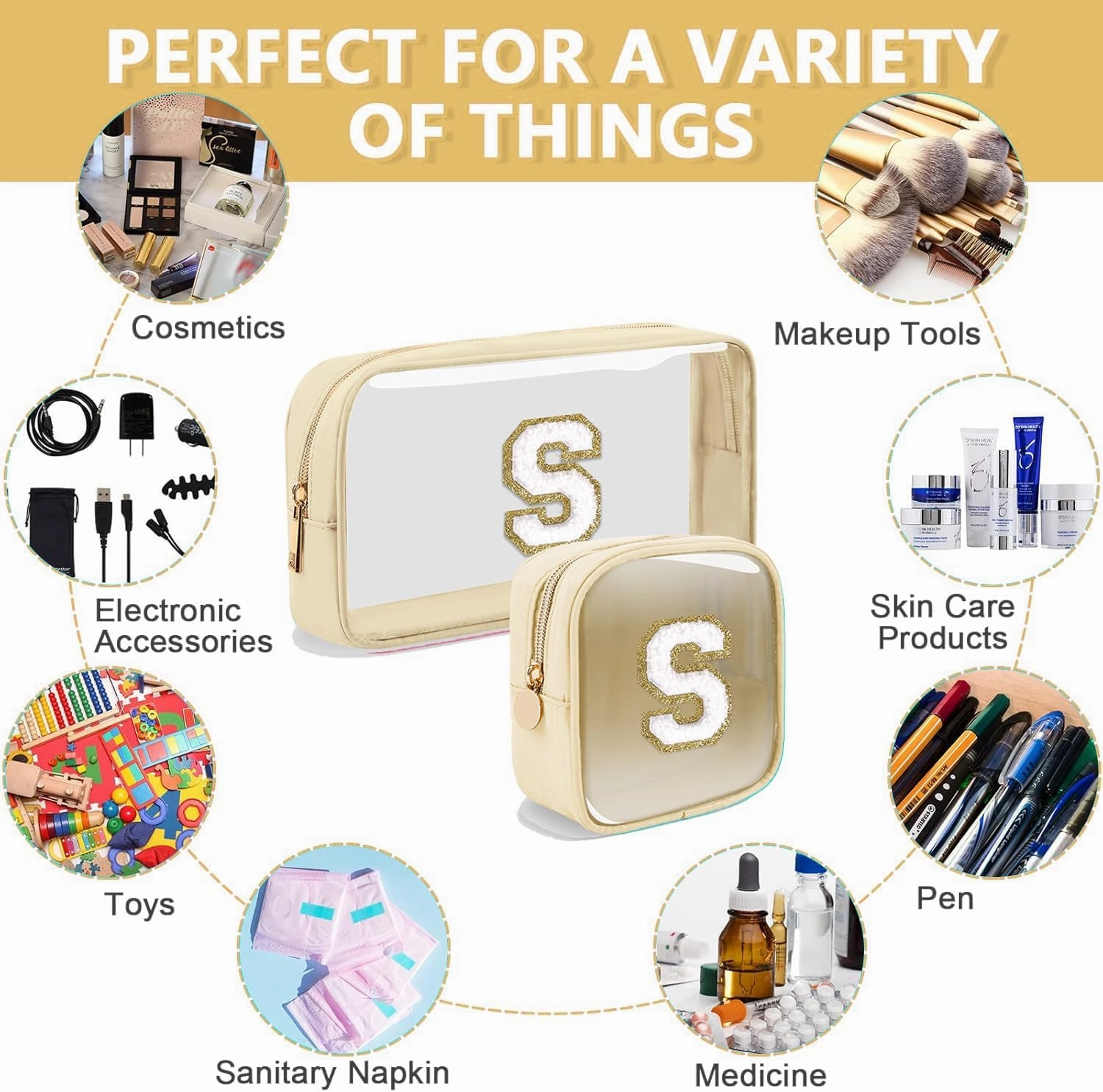 2pcs Personalized Initial Letter Clear Makeup Bag | Waterproof Nylon Preppy Cosmetic Bag | Travel Toiletry Bag | Monogrammed Gifts for Women Girl | Wedding Bridal Shower Gifts for Bridesmaids(Beige B)