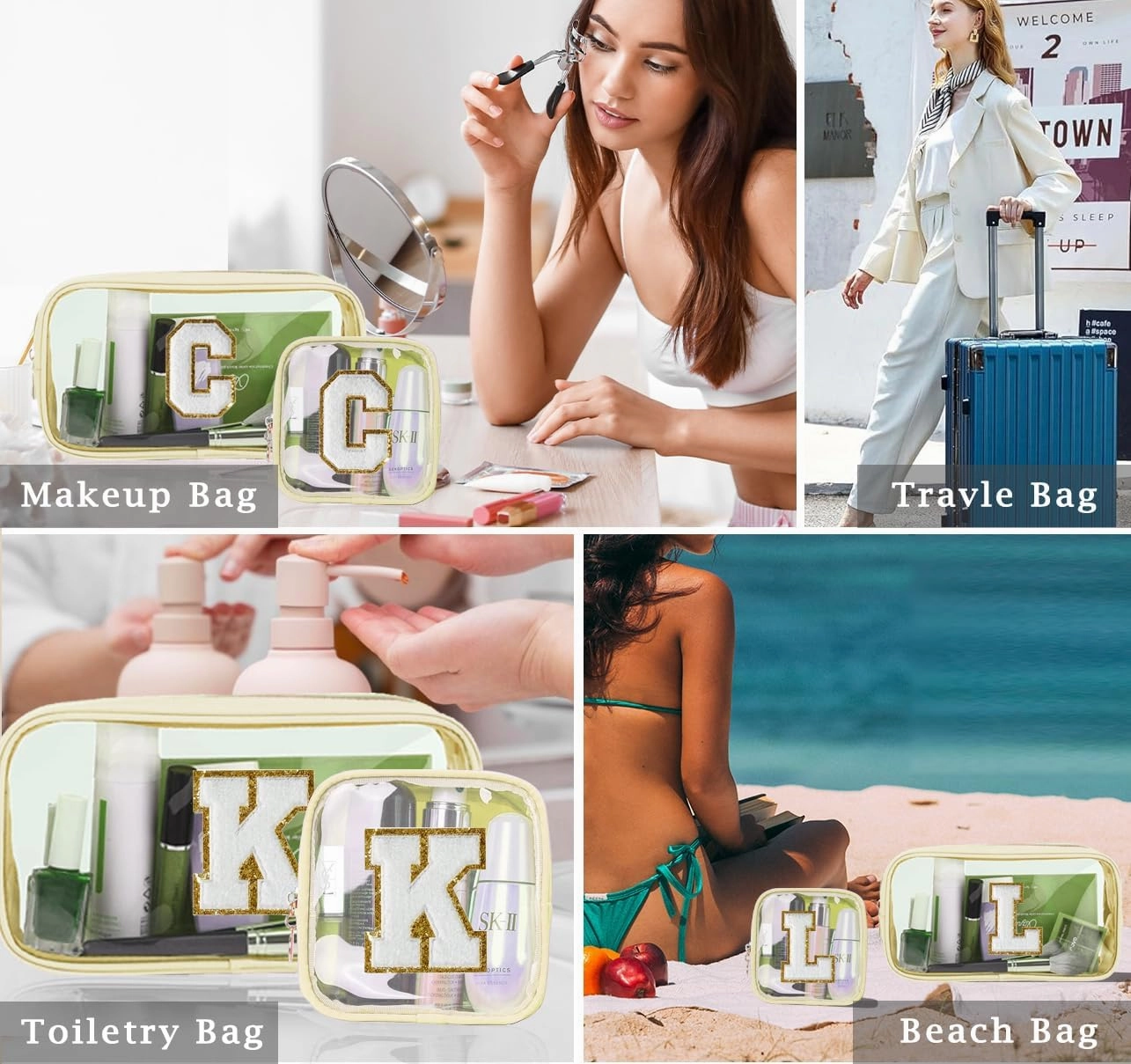 2pcs Personalized Initial Letter Clear Makeup Bag | Waterproof Nylon Preppy Cosmetic Bag | Travel Toiletry Bag | Monogrammed Gifts for Women Girl | Wedding Bridal Shower Gifts for Bridesmaids(Beige B)