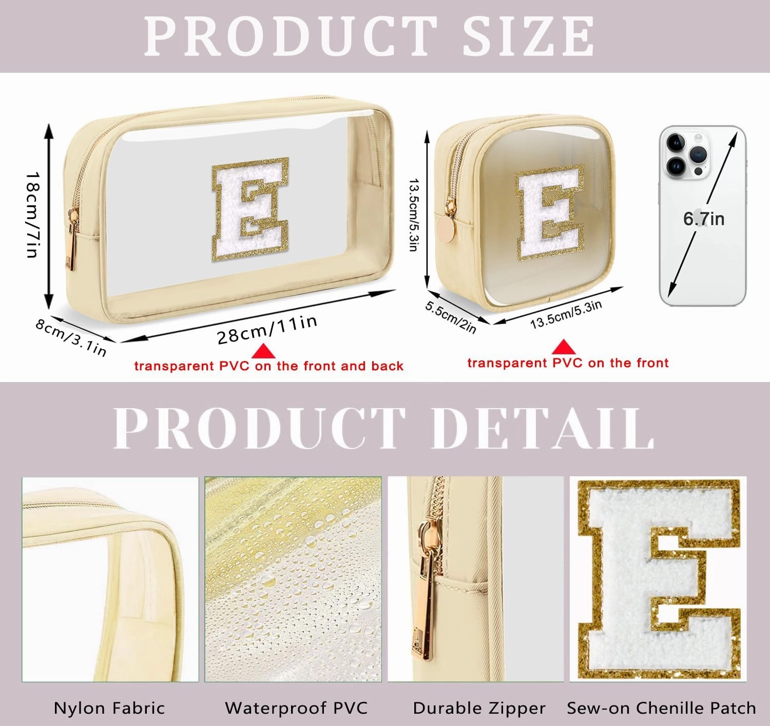 2pcs Personalized Initial Letter Clear Makeup Bag | Waterproof Nylon Preppy Cosmetic Bag | Travel Toiletry Bag | Monogrammed Gifts for Women Girl | Wedding Bridal Shower Gifts for Bridesmaids(Beige B)