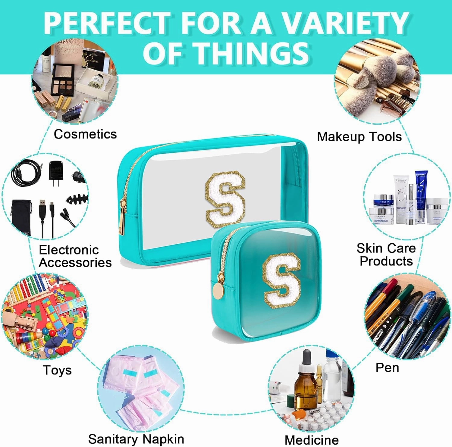 2pcs Personalized Initial Letter Clear Makeup Bag | Waterproof Nylon Preppy Cosmetic Bag | Travel Toiletry Bag | Monogrammed Gifts for Women Girl | Wedding Bridal Shower Gifts for Bridesmaids(Blue A)
