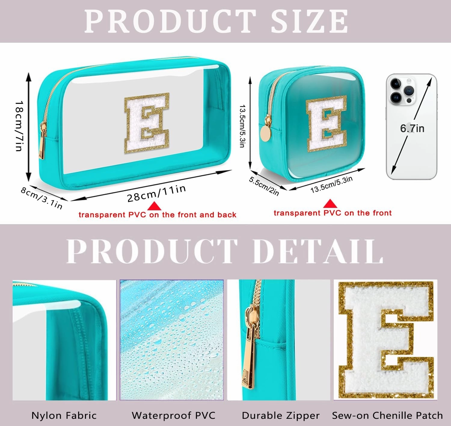 2pcs Personalized Initial Letter Clear Makeup Bag | Waterproof Nylon Preppy Cosmetic Bag | Travel Toiletry Bag | Monogrammed Gifts for Women Girl | Wedding Bridal Shower Gifts for Bridesmaids(Blue A)