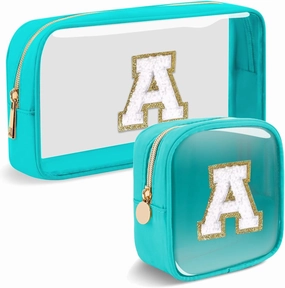 2pcs Personalized Initial Letter Clear Makeup Bag | Waterproof Nylon Preppy Cosmetic Bag | Travel Toiletry Bag | Monogrammed Gifts for Women Girl | Wedding Bridal Shower Gifts for Bridesmaids(Blue A)