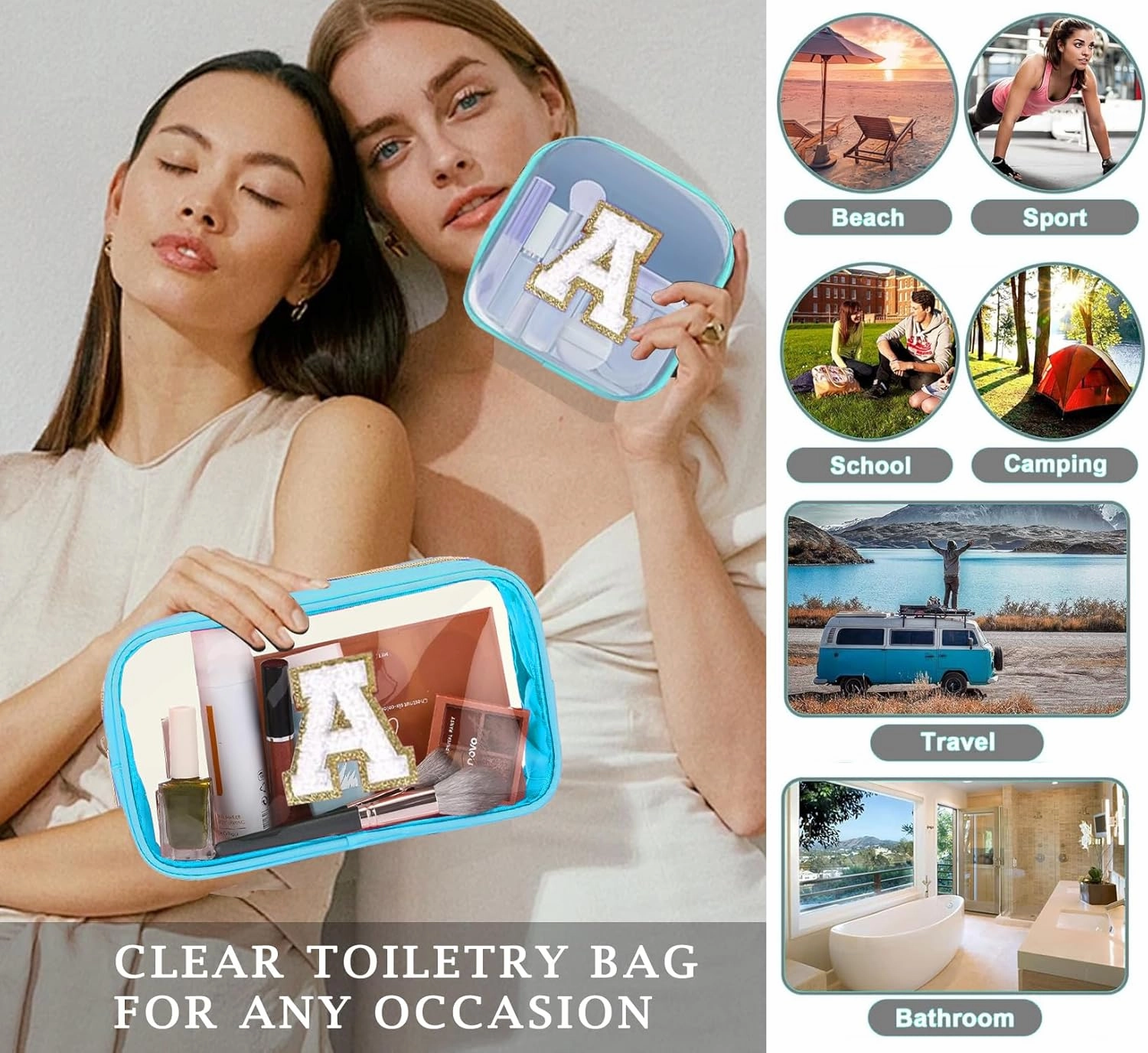 2pcs Personalized Initial Letter Clear Makeup Bag | Waterproof Nylon Preppy Cosmetic Bag | Travel Toiletry Bag | Monogrammed Gifts for Women Girl | Wedding Bridal Shower Gifts for Bridesmaids(Blue A)