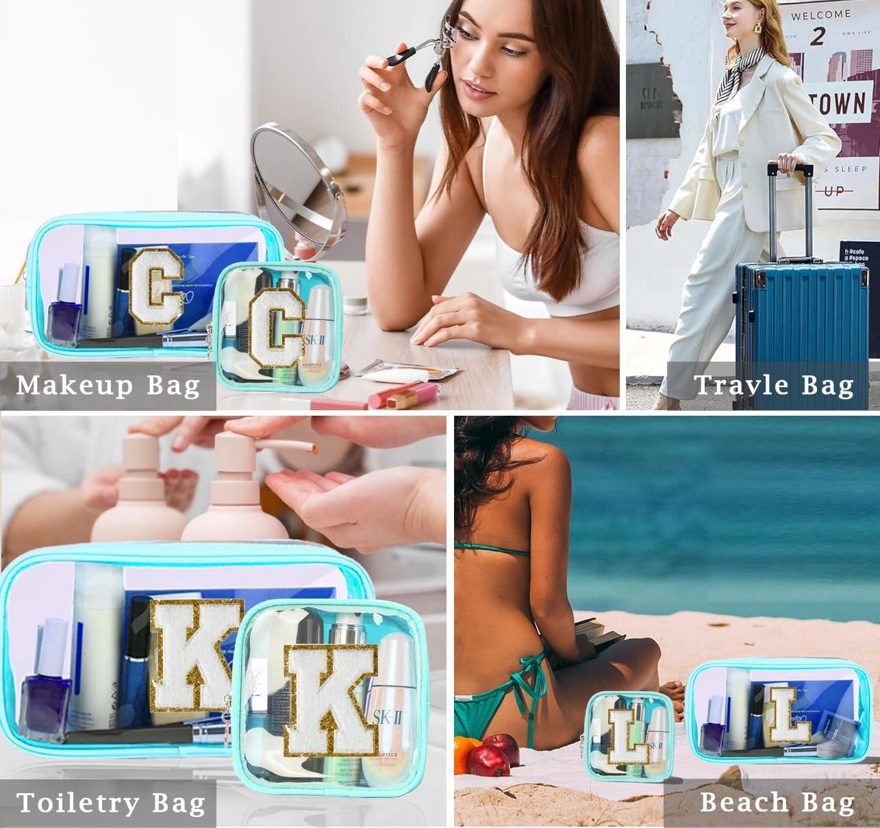 2pcs Personalized Initial Letter Clear Makeup Bag | Waterproof Nylon Preppy Cosmetic Bag | Travel Toiletry Bag | Monogrammed Gifts for Women Girl | Wedding Bridal Shower Gifts for Bridesmaids(Blue A)