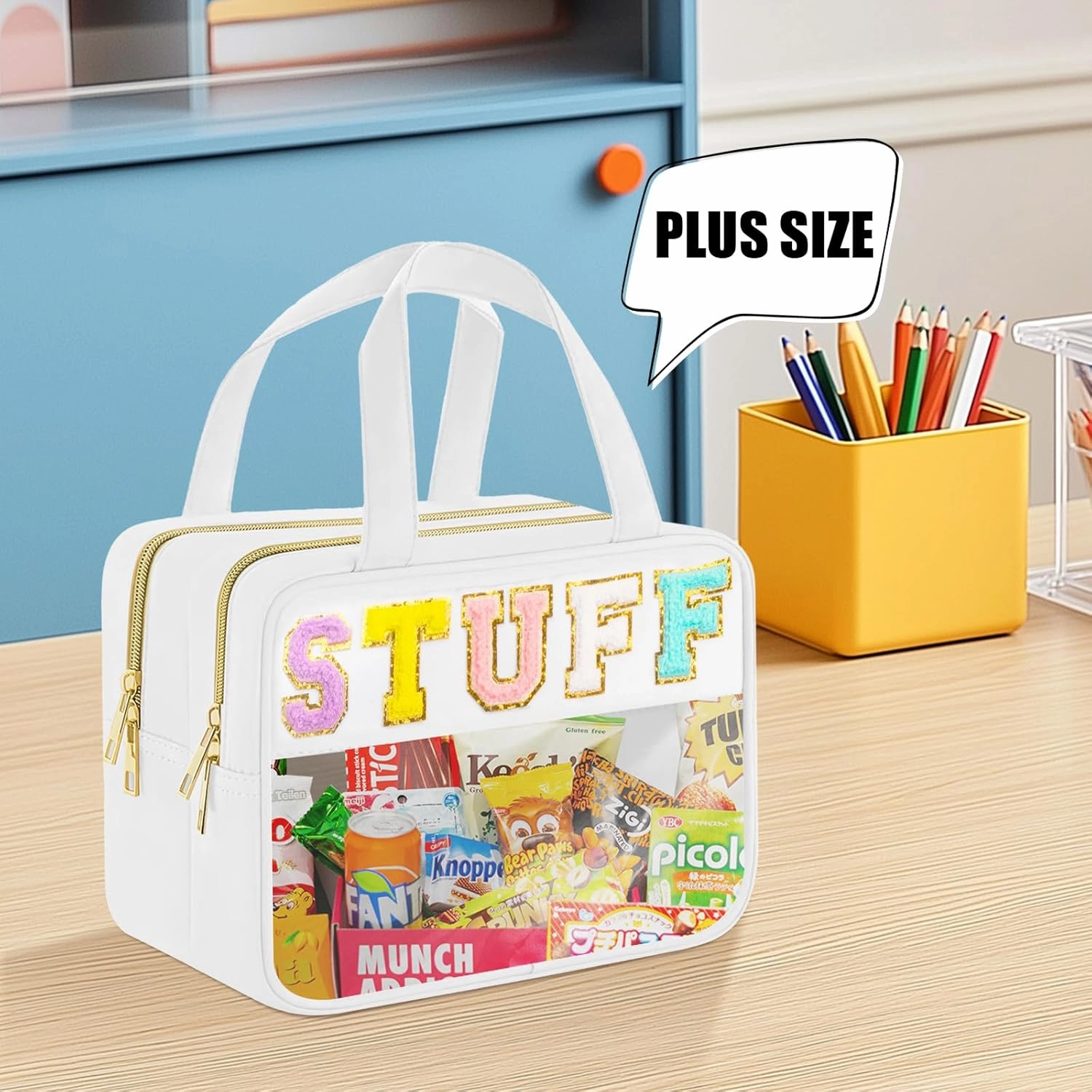 2Pcs Snack Bags Clear Chenille Letter Makeup Bag for Travel,Stuff Zipper Snack Pouch PU leather Travel Toiletry Bag Cosmetic Pouch for Women and Girls (Big Small) Stuff