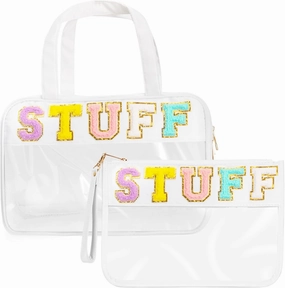 2Pcs Snack Bags Clear Chenille Letter Makeup Bag for Travel,Stuff Zipper Snack Pouch PU leather Travel Toiletry Bag Cosmetic Pouch for Women and Girls (Big Small) Stuff