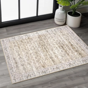 2x3 Beige Yellow Washable Rugs Soft Area Rug for Entryway, Non-Slip Indoor Door Mat Distressed Floral Low-Pile Neutral Vintage Carpet for Entrance Kitchen Bedside Farmhouse