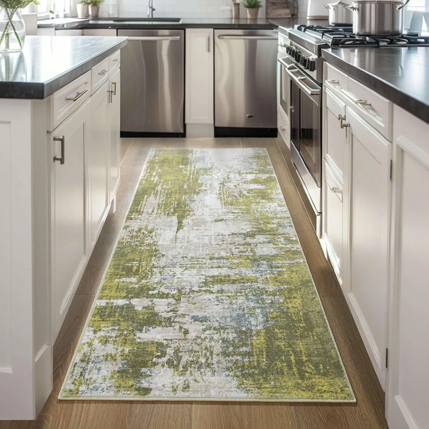 2x6 Sage Green Rug Runners for Hallways Kitchen Runner Rug Non Slip Washable Long Runner Rugs with Rubber Backing Soft Abstract Carpet Runner for Hallways, Kitchen, Bathroom, Entryway