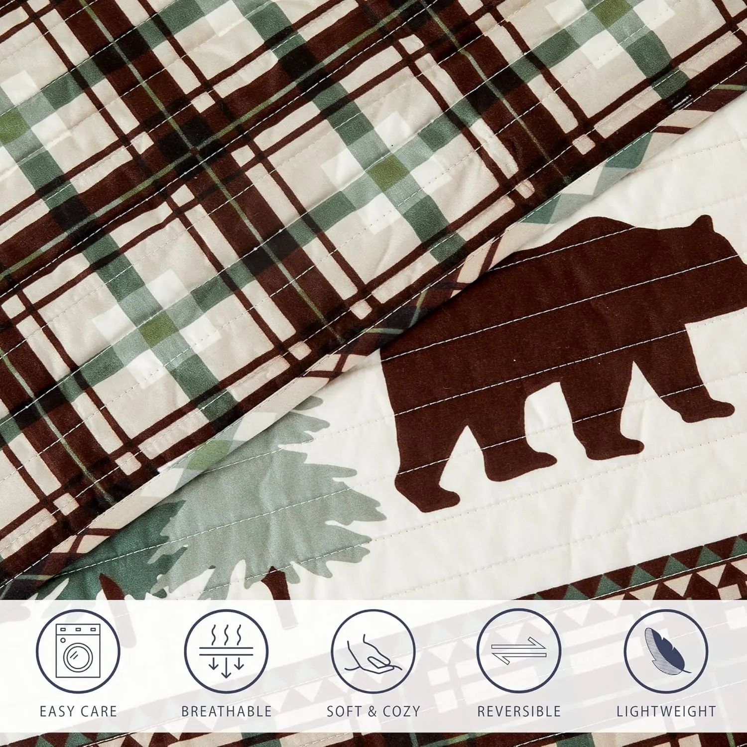 3 Piece Reversible Quilt Set with Shams | All-Season Soft & Lightweight Bedspread | Rustic Lodge Cabin Printed Plaid Design | Cedar Creek Collection (Full/Queen, Chocolate/Green)