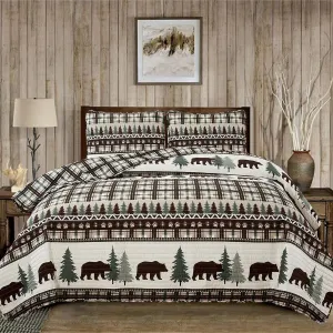 3 Piece Reversible Quilt Set with Shams | All-Season Soft & Lightweight Bedspread | Rustic Lodge Cabin Printed Plaid Design | Cedar Creek Collection (Full/Queen, Chocolate/Green)