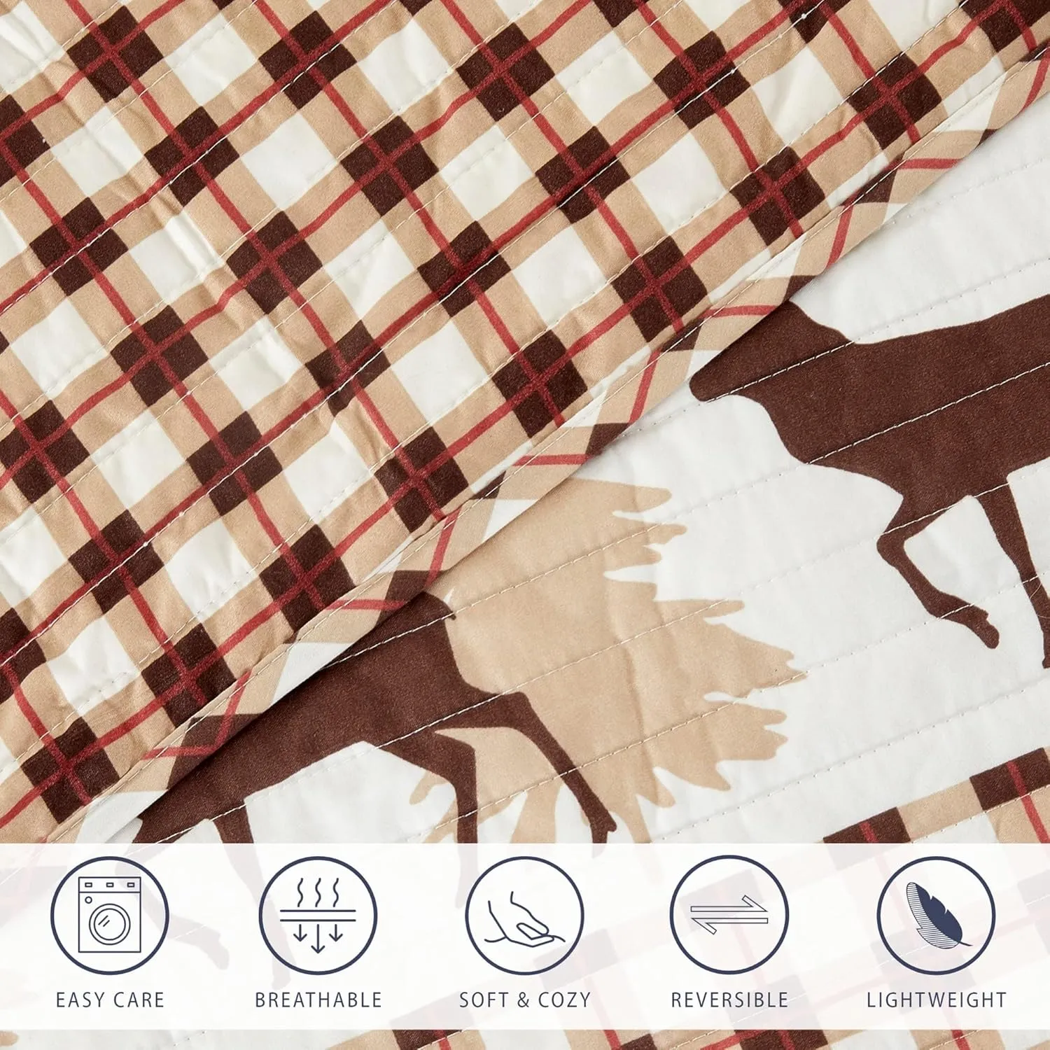 3 Piece Reversible Quilt Set with Shams | All-Season Soft & Lightweight Bedspread | Rustic Lodge Cabin Printed Plaid Design | Cedar Creek Collection (Full/Queen, Red/Taupe)