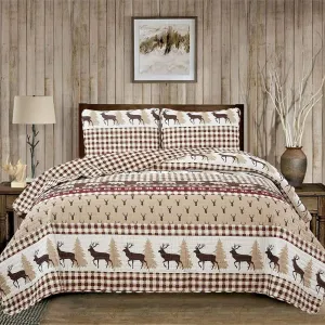 3 Piece Reversible Quilt Set with Shams | All-Season Soft & Lightweight Bedspread | Rustic Lodge Cabin Printed Plaid Design | Cedar Creek Collection (Full/Queen, Red/Taupe)
