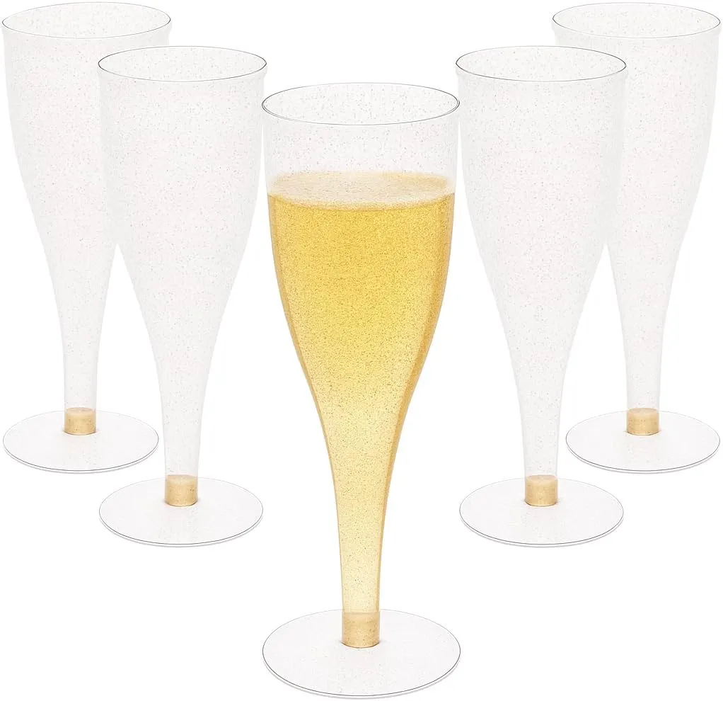 30 Disposable Champagne Flutes - 4.5 oz Gold Glitter Plastic Cups for Parties - Elegant Toasting Glasses - Perfect for Weddings, Engagements, Mimosa Bars, Thanksgiving, Christmas, New Year’s Eve