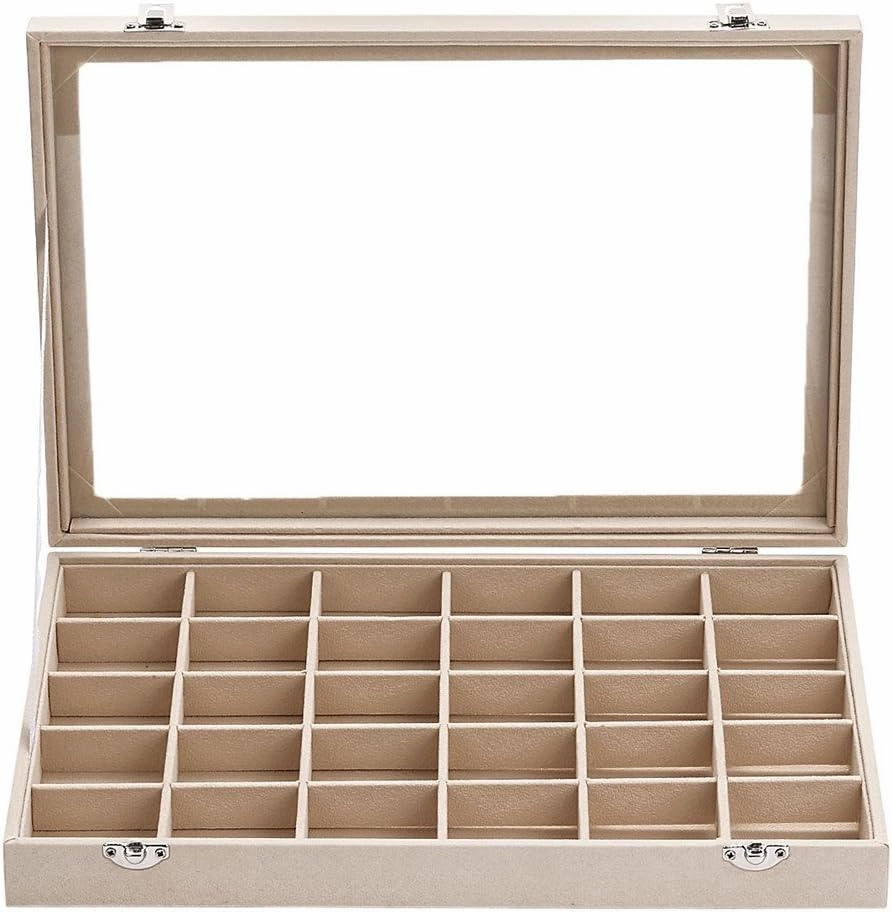 30 Grid Velvet Glass Jewelry Box Jewellery Organiser Earring Ring Storage Holder Case Box (Beige)