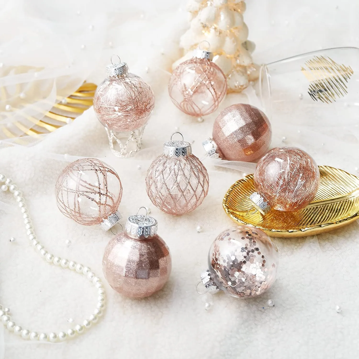 30ct Christmas Ball Ornaments-60mm/2.36" Shatterproof Clear Plastic Xmas Balls Baubles Set with Stuffed Delicate Sparkling, Hanging Christmas Tree Decorations (Rose Gold)