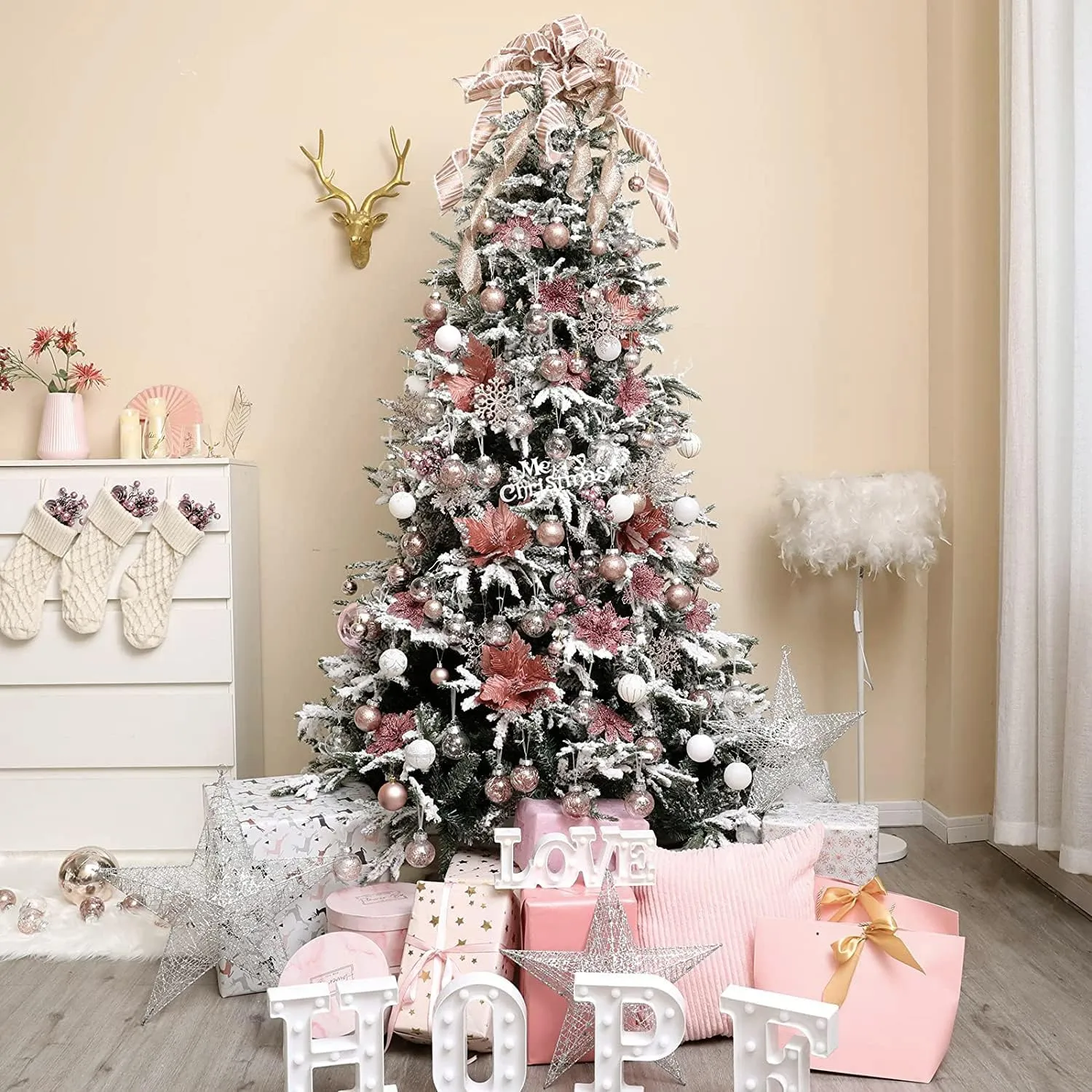 30ct Christmas Ball Ornaments-60mm/2.36" Shatterproof Clear Plastic Xmas Balls Baubles Set with Stuffed Delicate Sparkling, Hanging Christmas Tree Decorations (Rose Gold)