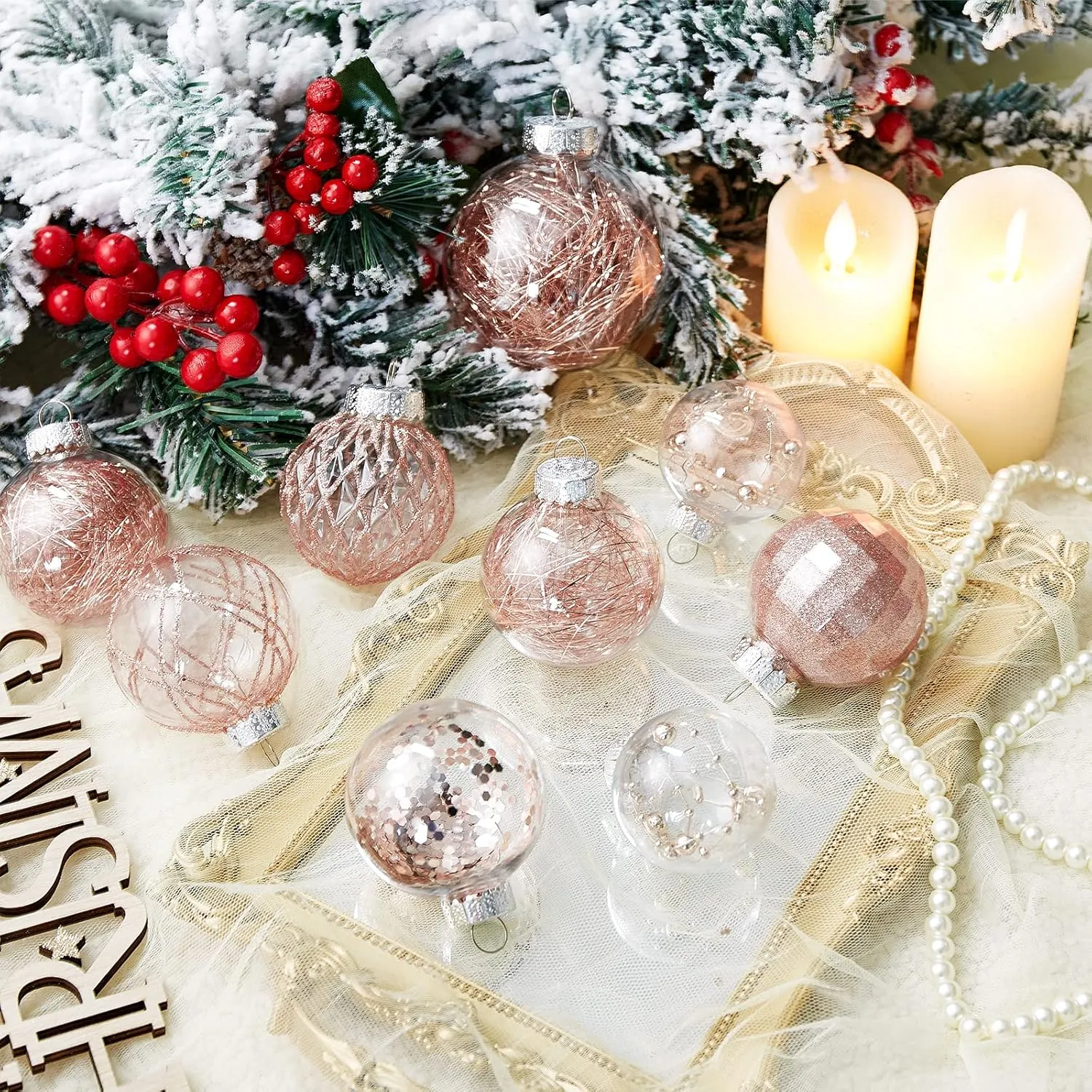 30ct Christmas Ball Ornaments-60mm/2.36" Shatterproof Clear Plastic Xmas Balls Baubles Set with Stuffed Delicate Sparkling, Hanging Christmas Tree Decorations (Rose Gold)