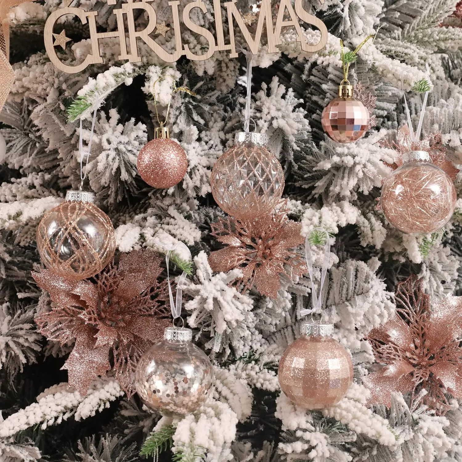 30ct Christmas Ball Ornaments-60mm/2.36" Shatterproof Clear Plastic Xmas Balls Baubles Set with Stuffed Delicate Sparkling, Hanging Christmas Tree Decorations (Rose Gold)