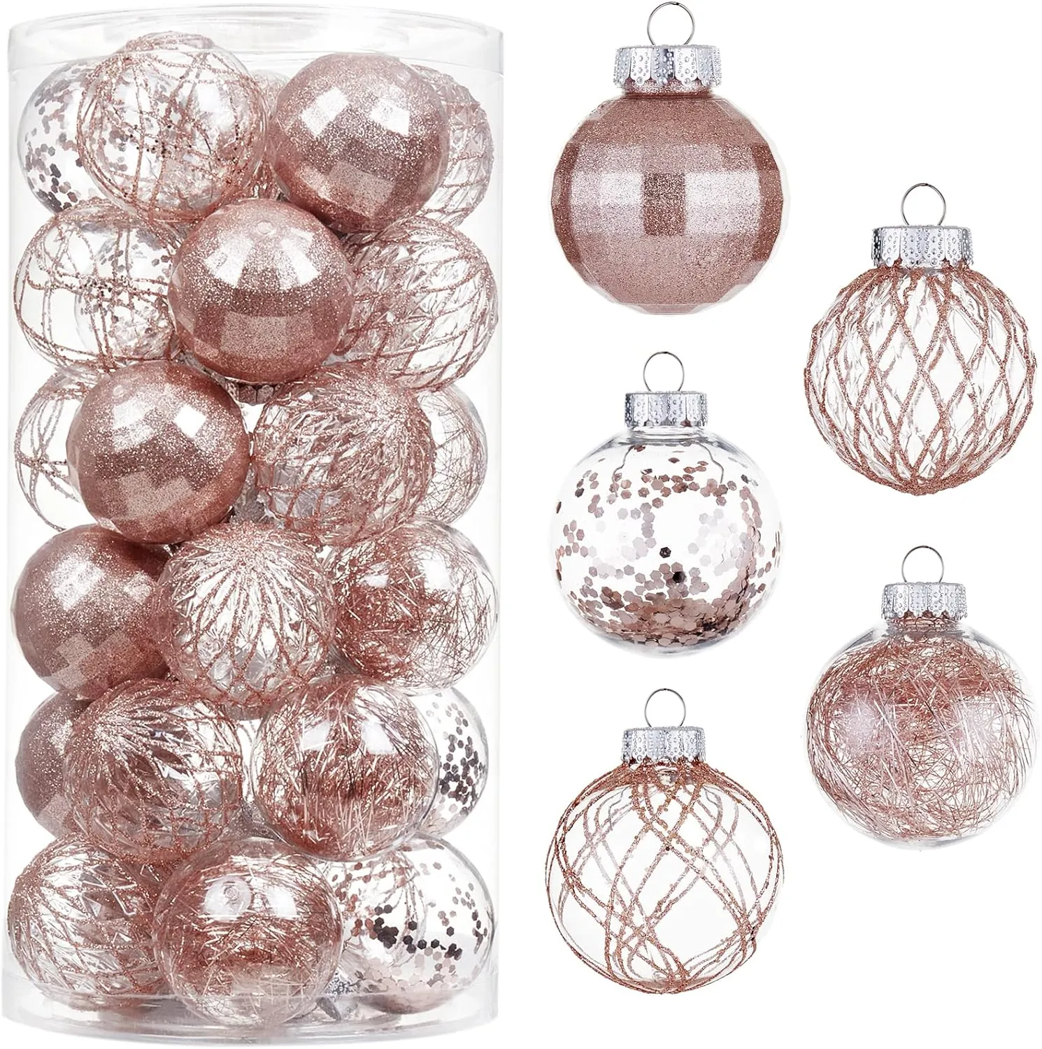 30ct Christmas Ball Ornaments-60mm/2.36" Shatterproof Clear Plastic Xmas Balls Baubles Set with Stuffed Delicate Sparkling, Hanging Christmas Tree Decorations (Rose Gold)