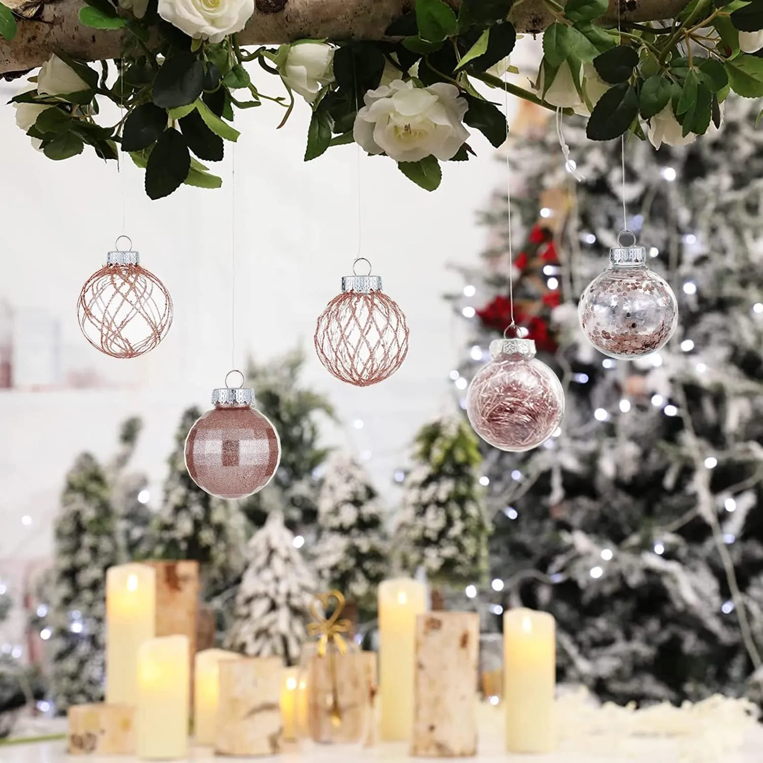 30ct Christmas Ball Ornaments-60mm/2.36" Shatterproof Clear Plastic Xmas Balls Baubles Set with Stuffed Delicate Sparkling, Hanging Christmas Tree Decorations (Rose Gold)