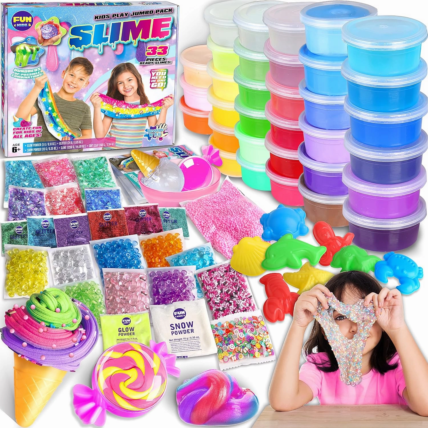 33 Cups Jumbo Slime Kit for Kids, FunKidz Premade Ultimate Slime Pack to DIY Soft, Cloud, Clear, Butter, Glitter, Glow in Dark Slime Making Kit Party Favors Gift Toys for Girls and Boys