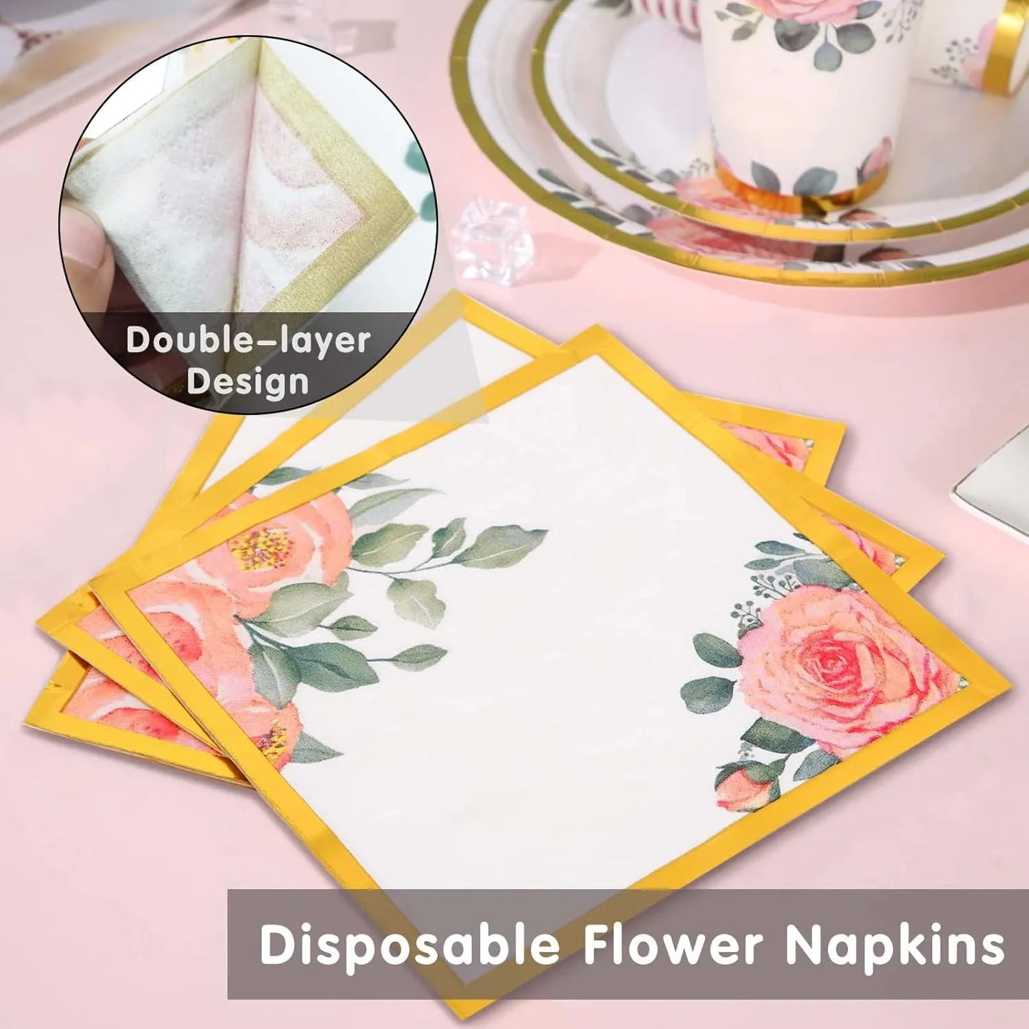 350PCS Floral Paper Plates Set, Disposable Plates With Gold Rim Serve 50 Guests, Party Supplies for Adults Garden Tea Party Bridal Shower Decorations