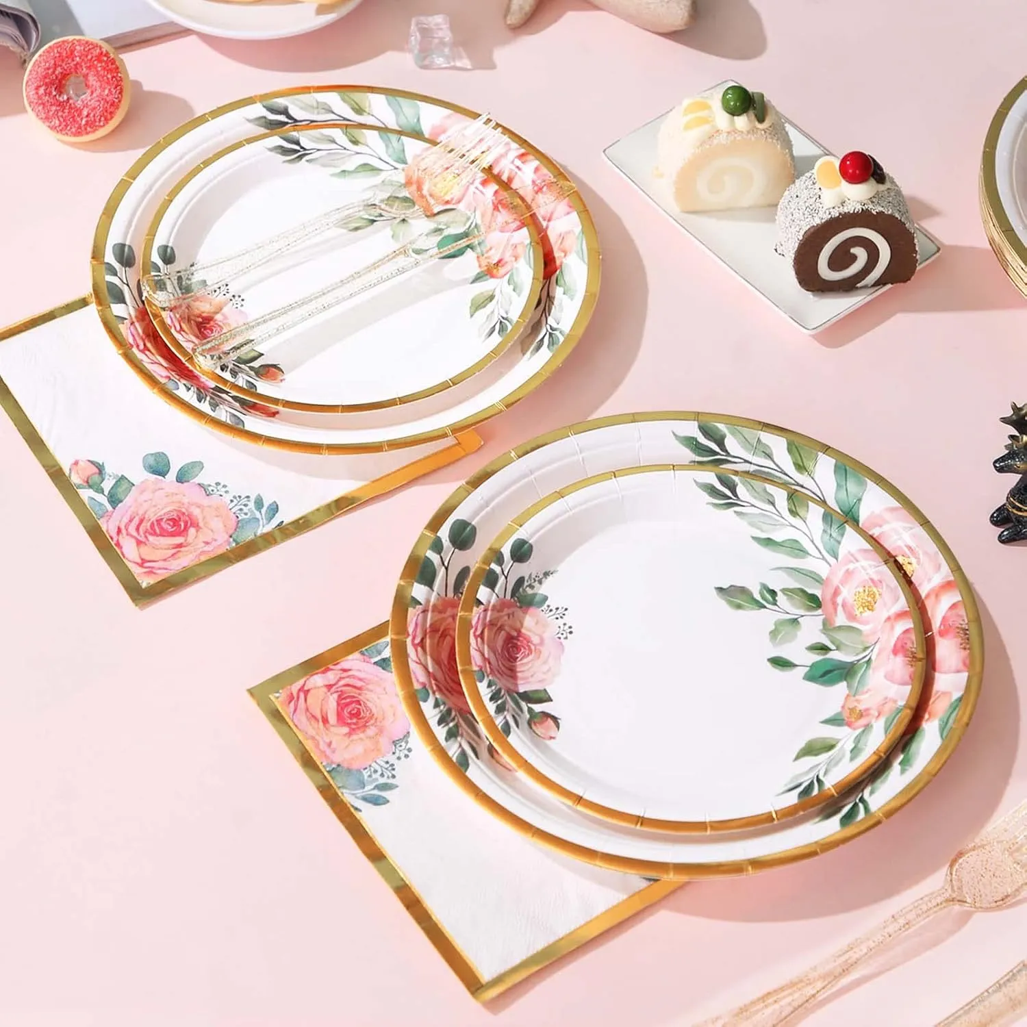 350PCS Floral Paper Plates Set, Disposable Plates With Gold Rim Serve 50 Guests, Party Supplies for Adults Garden Tea Party Bridal Shower Decorations