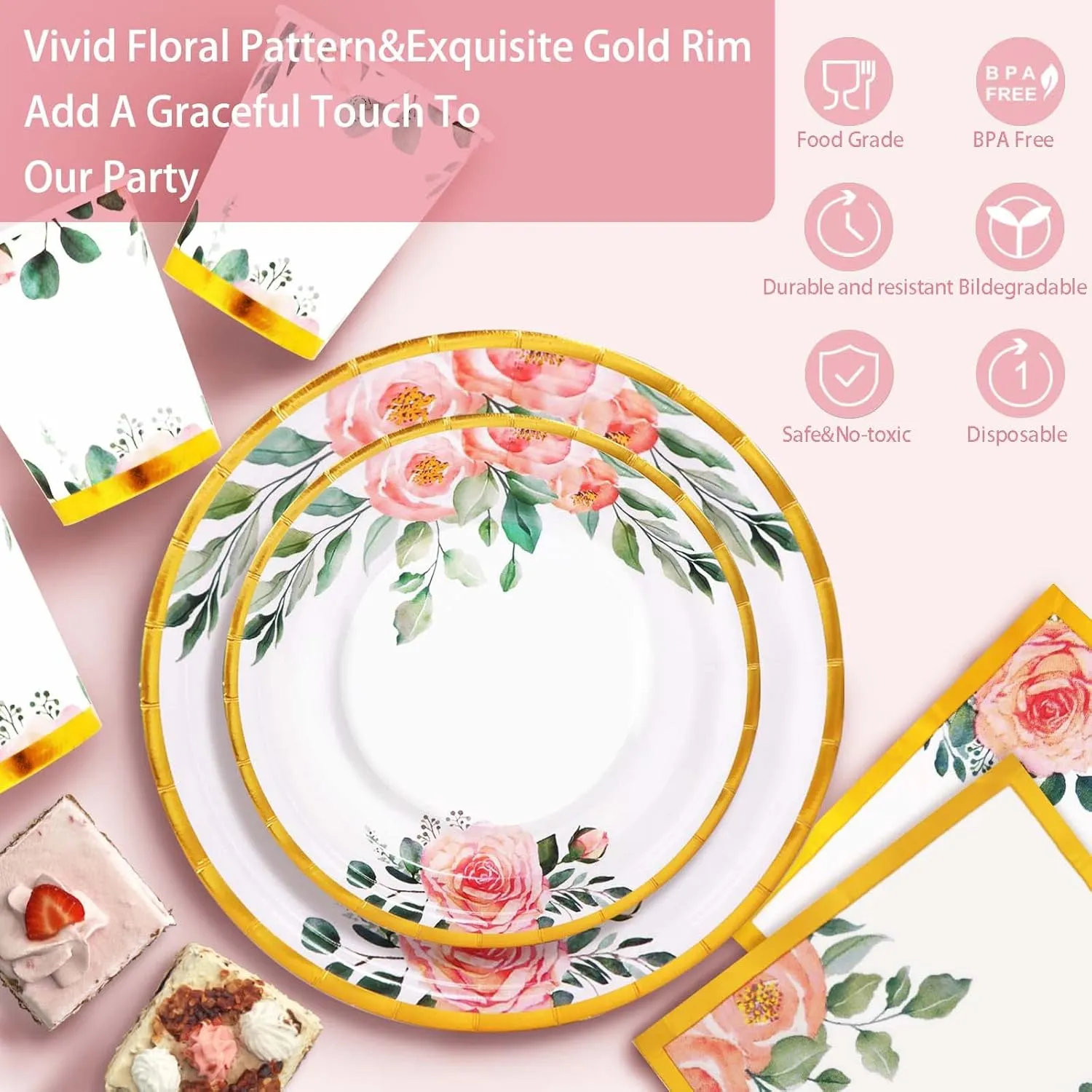 350PCS Floral Paper Plates Set, Disposable Plates With Gold Rim Serve 50 Guests, Party Supplies for Adults Garden Tea Party Bridal Shower Decorations