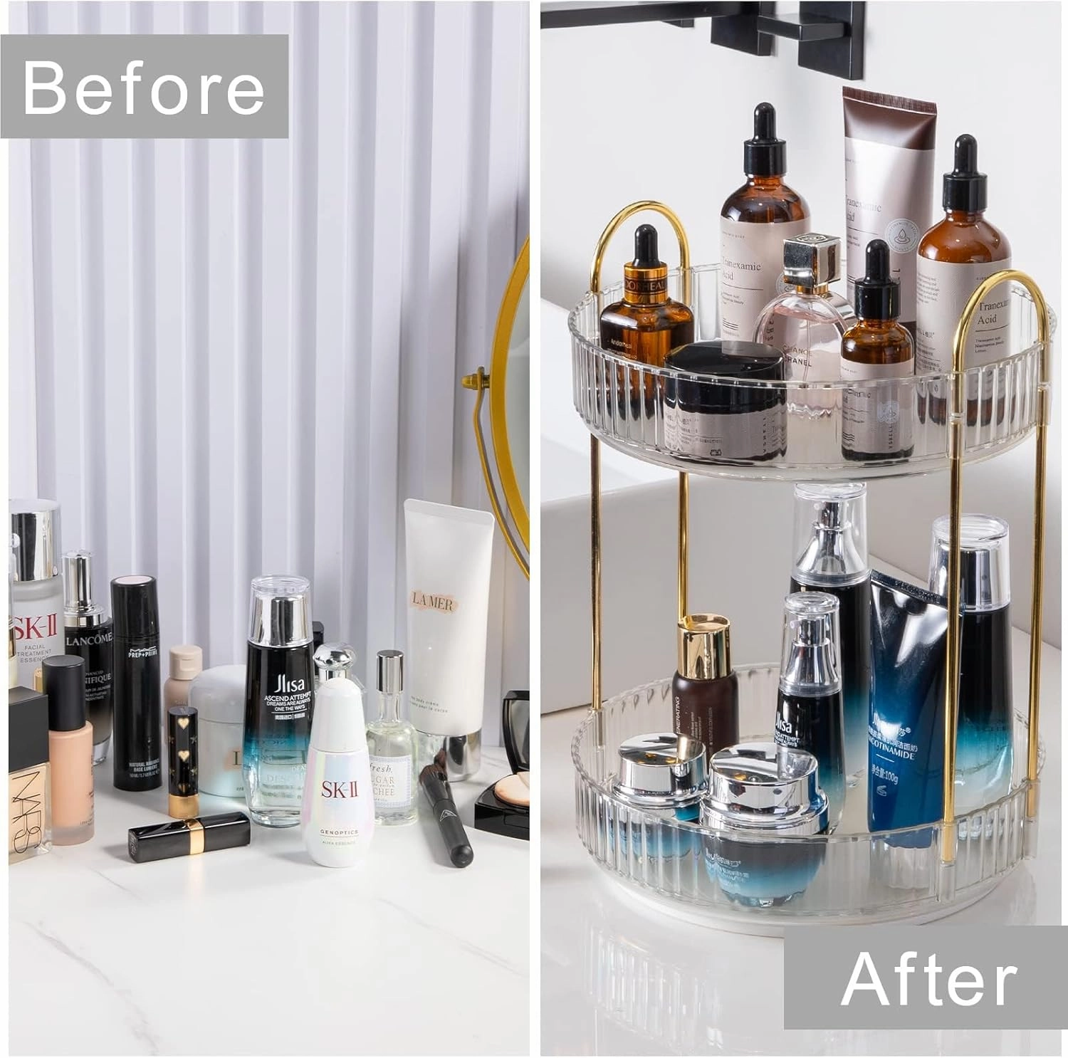 360° Rotating Makeup Organizer, Bathroom Make Up Spinning Holder Rack, Large Capacity Cosmetics Storage Vanity Shelf Countertop, Fits Cosmetics, Perfume, Skincare(2 Tiers, Clear)