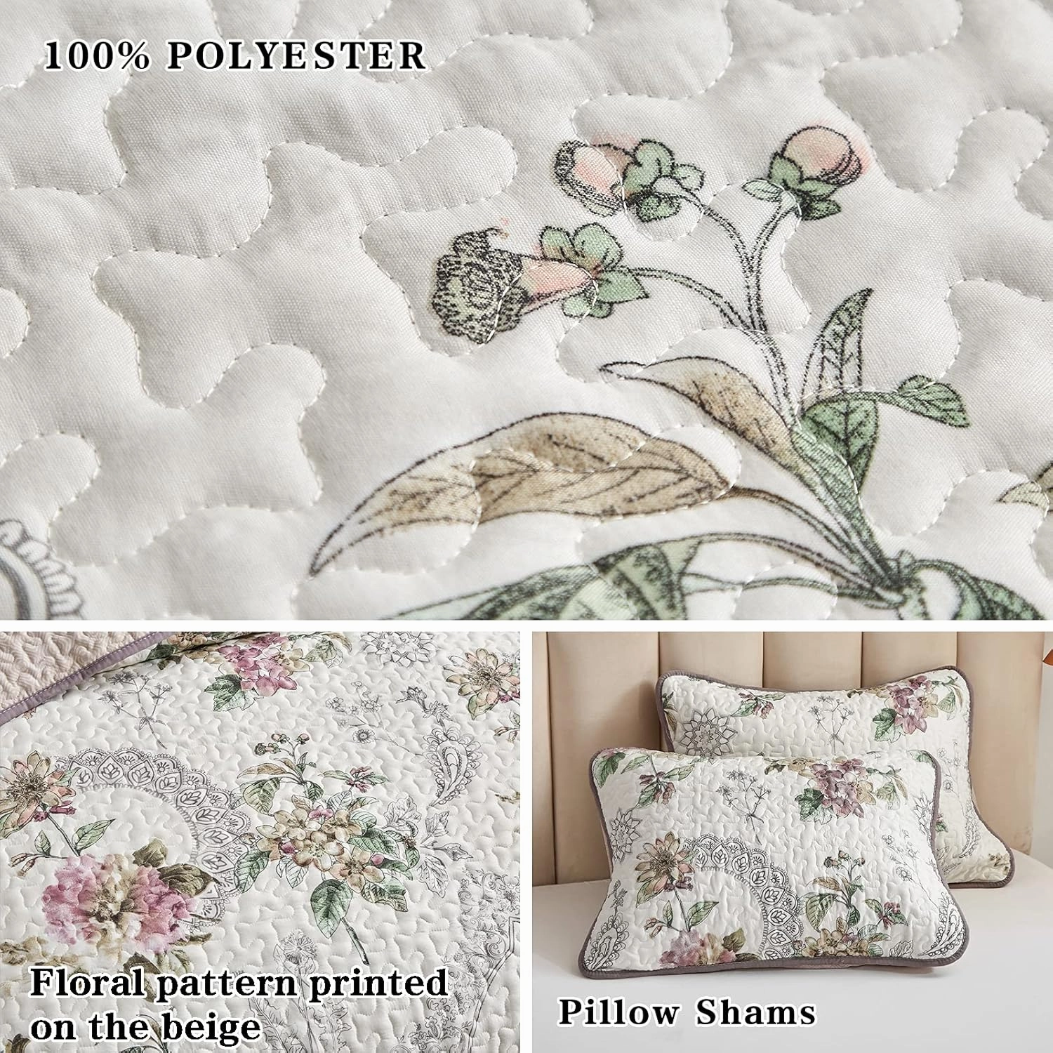 3 Pieces Quilt Set Full/Queen Size, Beige Floral Reversible Bedspread Coverlet Set, Soft Microfiber Lightweight Bed Cover for All Season (90" x 90", 1 Quilt  2 Pillow Shams)