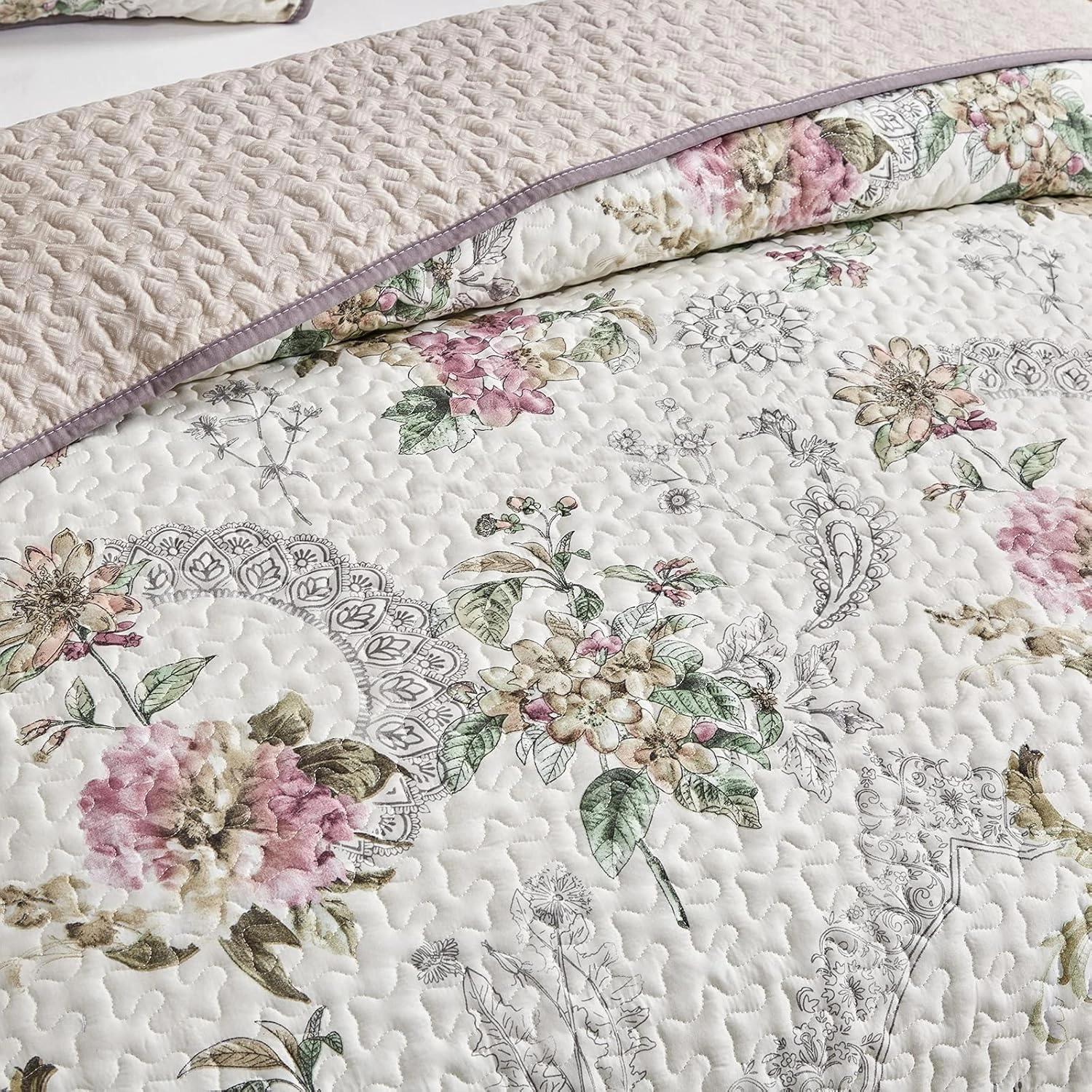 3 Pieces Quilt Set Full/Queen Size, Beige Floral Reversible Bedspread Coverlet Set, Soft Microfiber Lightweight Bed Cover for All Season (90" x 90", 1 Quilt  2 Pillow Shams)