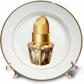 3dRose 8 inch Porcelain Plate - Glam Image of Gold Lipstick Illustration Illustrations