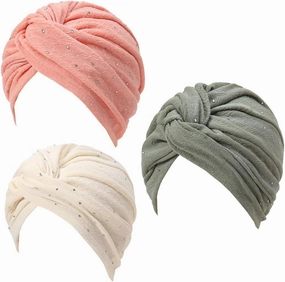 3Pieces Turbans for Women Soft Pre Tied Knot Fashion Cancer Turban Cap Chemo Headwrap Sleep Hat