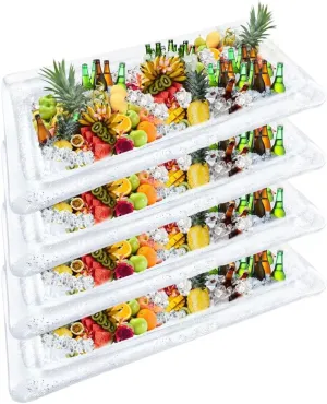 4 pcs Inflatable Ice Serving Bar Coolers Buffet Serving Tray Food Drink Cooler Containers Salad Buffet Tray for Pool Picnic Party (Clear Silver Sequins)