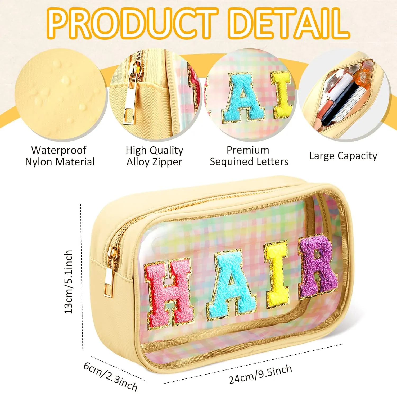 4 Pieces Chenille Letter Cosmetic Bag Set Nylon PVC Clear Waterproof Makeup Pouch Stuff Hair Travel Bag Zipper Multi Purpose Aesthetics Toiletry Organizer for Women Gym Travel Beach (Multicolor)