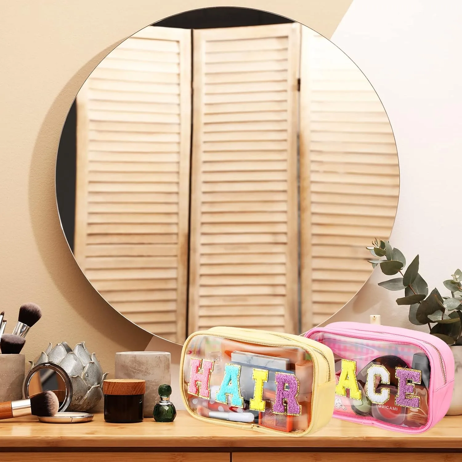 4 Pieces Chenille Letter Cosmetic Bag Set Nylon PVC Clear Waterproof Makeup Pouch Stuff Hair Travel Bag Zipper Multi Purpose Aesthetics Toiletry Organizer for Women Gym Travel Beach (Multicolor)