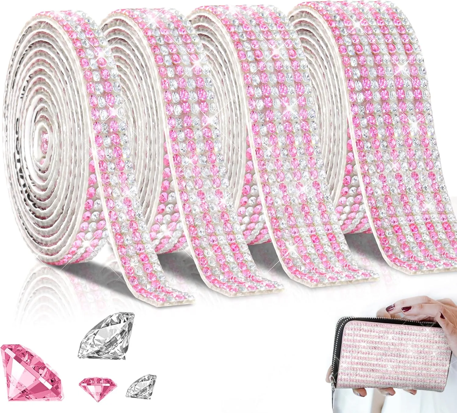 4 Rolls Self-Adhesive Crystal Rhinestone Ribbon, Diamond Bling Ribbons with 2 mm Rhinestones Sticker for Arts Crafts Wedding Birthday Party DIY Event Car Decoration (Silver Pink)