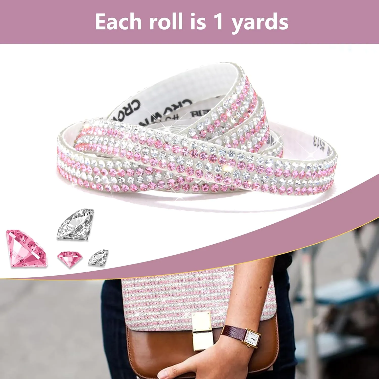 4 Rolls Self-Adhesive Crystal Rhinestone Ribbon, Diamond Bling Ribbons with 2 mm Rhinestones Sticker for Arts Crafts Wedding Birthday Party DIY Event Car Decoration (Silver Pink)
