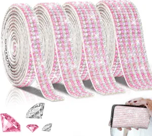 4 Rolls Self-Adhesive Crystal Rhinestone Ribbon, Diamond Bling Ribbons with 2 mm Rhinestones Sticker for Arts Crafts Wedding Birthday Party DIY Event Car Decoration (Silver Pink)