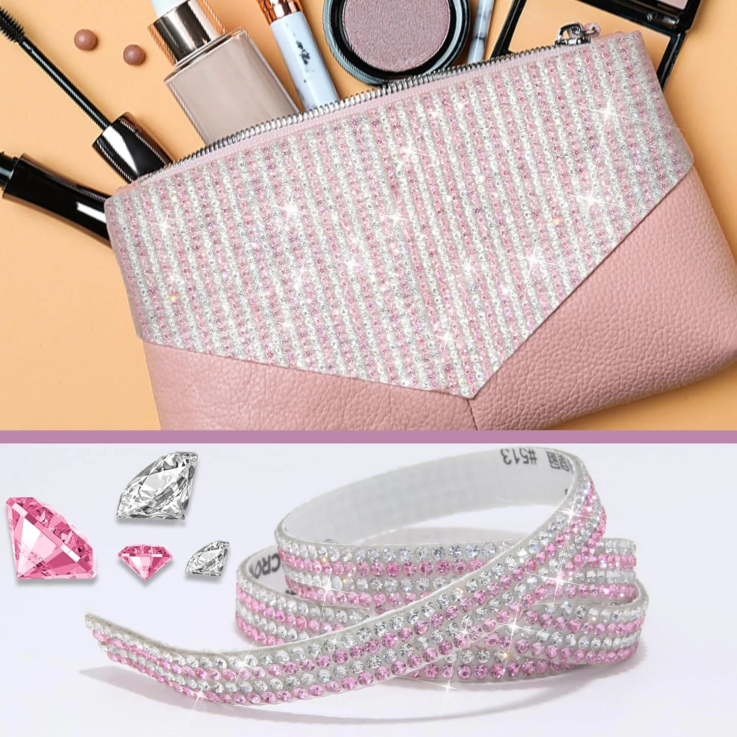 4 Rolls Self-Adhesive Crystal Rhinestone Ribbon, Diamond Bling Ribbons with 2 mm Rhinestones Sticker for Arts Crafts Wedding Birthday Party DIY Event Car Decoration (Silver Pink)