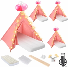 4 Pack Teepee Tent Bulk for Kids with Light String， Inflatable Airbed ，Fitted Sheet， Inflation Pump,Natural Cotton Toddler Play Tent for Girls Boys Slumber Party Sleepover Tents, Indoor Outdoor