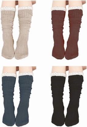 4 Pack Women Cotton Knit Boot Socks Knee High Socks Stockings with Lace Trim (Beige, Dark Grey, Black, Brown)