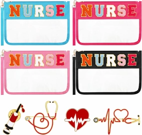 4 Pcs CNA Week Nurses Bags Appreciation Gifts Chenille Letter Makeup Bags with 4 Pins Preppy Clear Nursing Travel Pouch Cosmetic Waterproof Zipper Nurse Accessories
