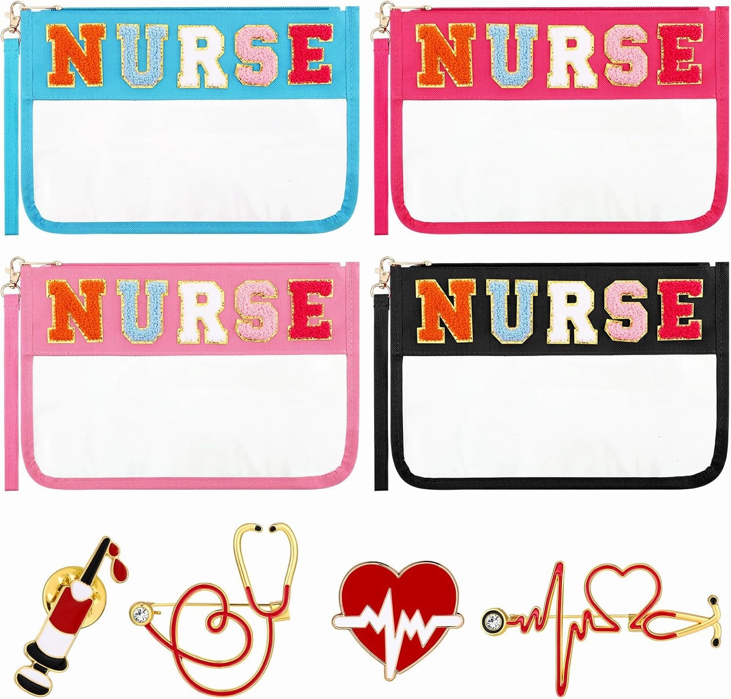 4 Pcs CNA Week Nurses Bags Appreciation Gifts Chenille Letter Makeup Bags with 4 Pins Preppy Clear Nursing Travel Pouch Cosmetic Waterproof Zipper Nurse Accessories