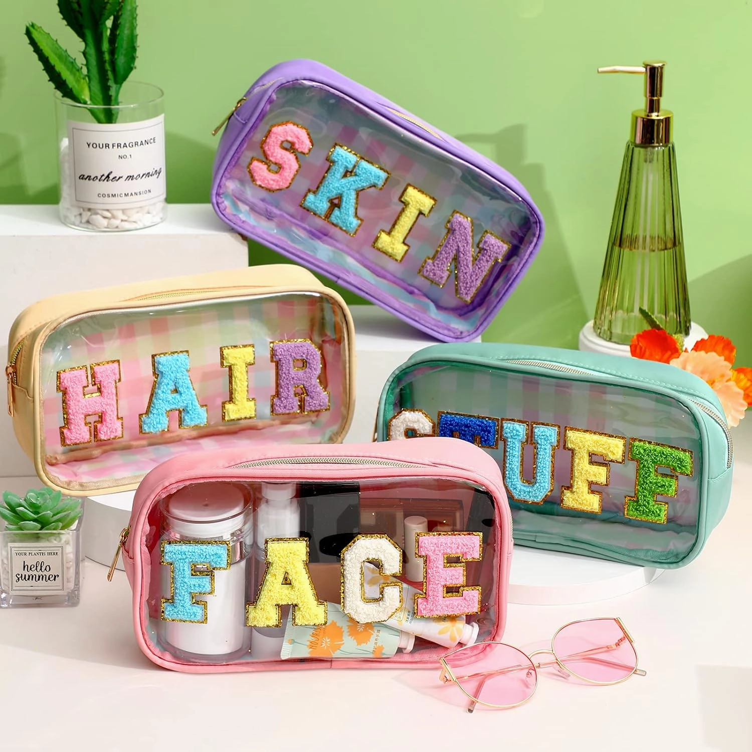4 Pieces Chenille Letter Cosmetic Bag Set Nylon PVC Clear Waterproof Makeup Pouch Stuff Hair Travel Bag Zipper Multi Purpose Aesthetics Toiletry Organizer for Women Gym Travel Beach (Colorful)