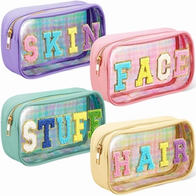 4 Pieces Chenille Letter Cosmetic Bag Set Nylon PVC Clear Waterproof Makeup Pouch Stuff Hair Travel Bag Zipper Multi Purpose Aesthetics Toiletry Organizer for Women Gym Travel Beach (Colorful)